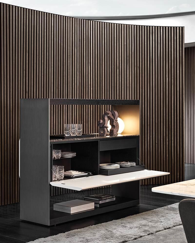 Minimalist Floating Wall Shelf Sliding Drawer Dark Wood Light Gloss Storage Unit