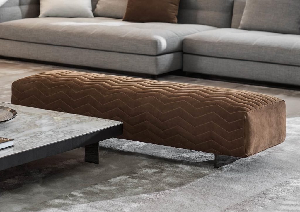 Brown Chevron-Quilted Bench with Velvet Upholstery and Polished Metal Legs