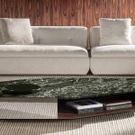 Marble-Top Modern Coffee Table with Polished Metal Base & Open Shelf