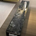 Olive Green Media Console with Marble Top Cabinet Storage and Polished Metal Base