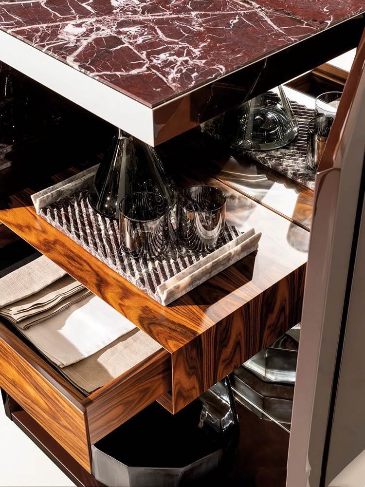 Olive Green Media Console with Marble Top Cabinet Storage and Polished Metal Base