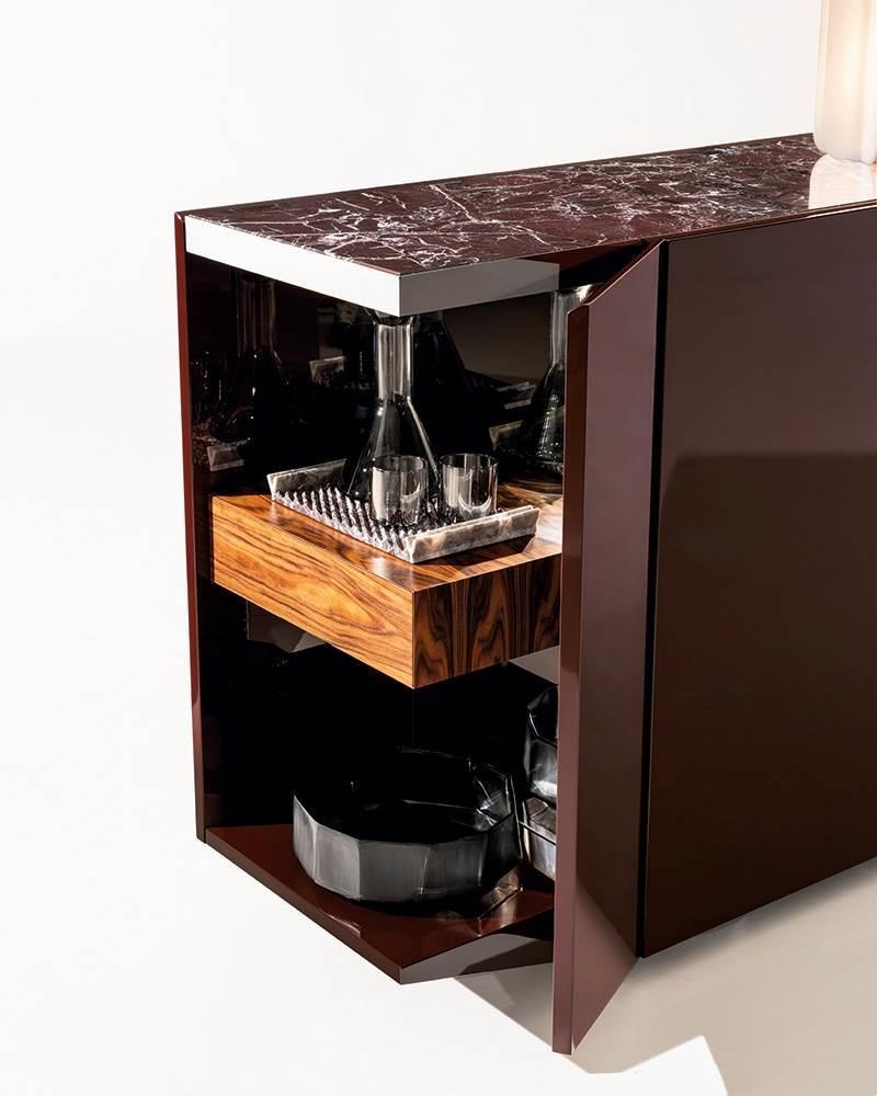 Olive Green Media Console with Marble Top Cabinet Storage and Polished Metal Base