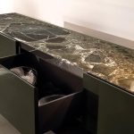 Olive Green Media Console with Marble Top Cabinet Storage and Polished Metal Base