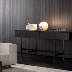 Sleek Dark Wood Sideboard with Polished Black Marble Top and Slim Metal Legs