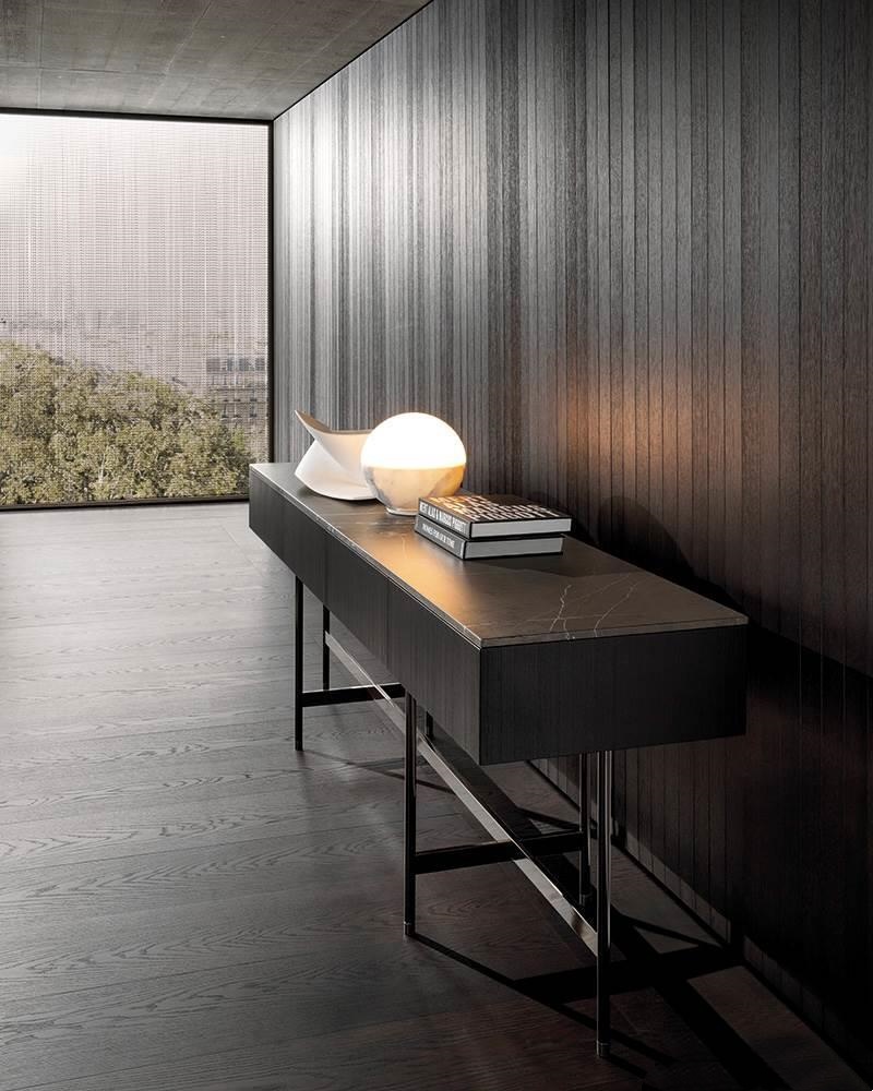 Sleek Dark Wood Sideboard with Polished Black Marble Top and Slim Metal Legs