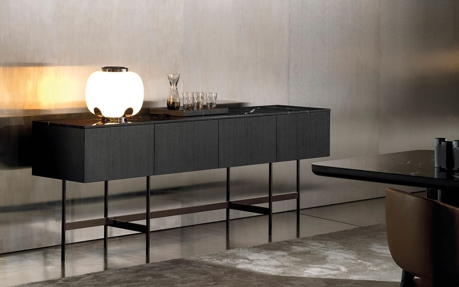 Sleek Dark Wood Sideboard with Polished Black Marble Top and Slim Metal Legs