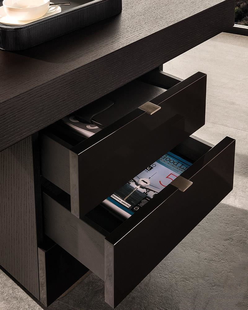Modern Minimalist Floating Desk with 3 Drawer Storage Cabinet Dark Wood Black Gloss Finish