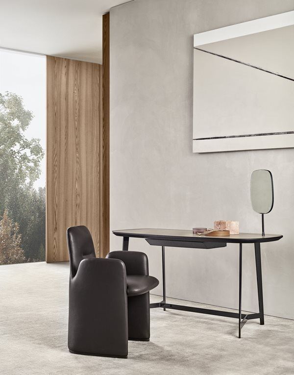 Oval Frosted Glass Dressing Table with Extendable Design and Black Metal Frame