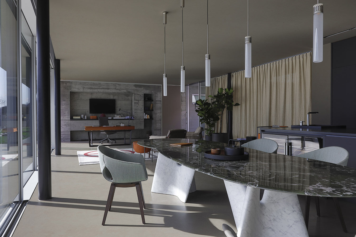 Modern Curved Brown Leather Armchair with Solid Dark Wood Legs Ergonomic Lounge Seat