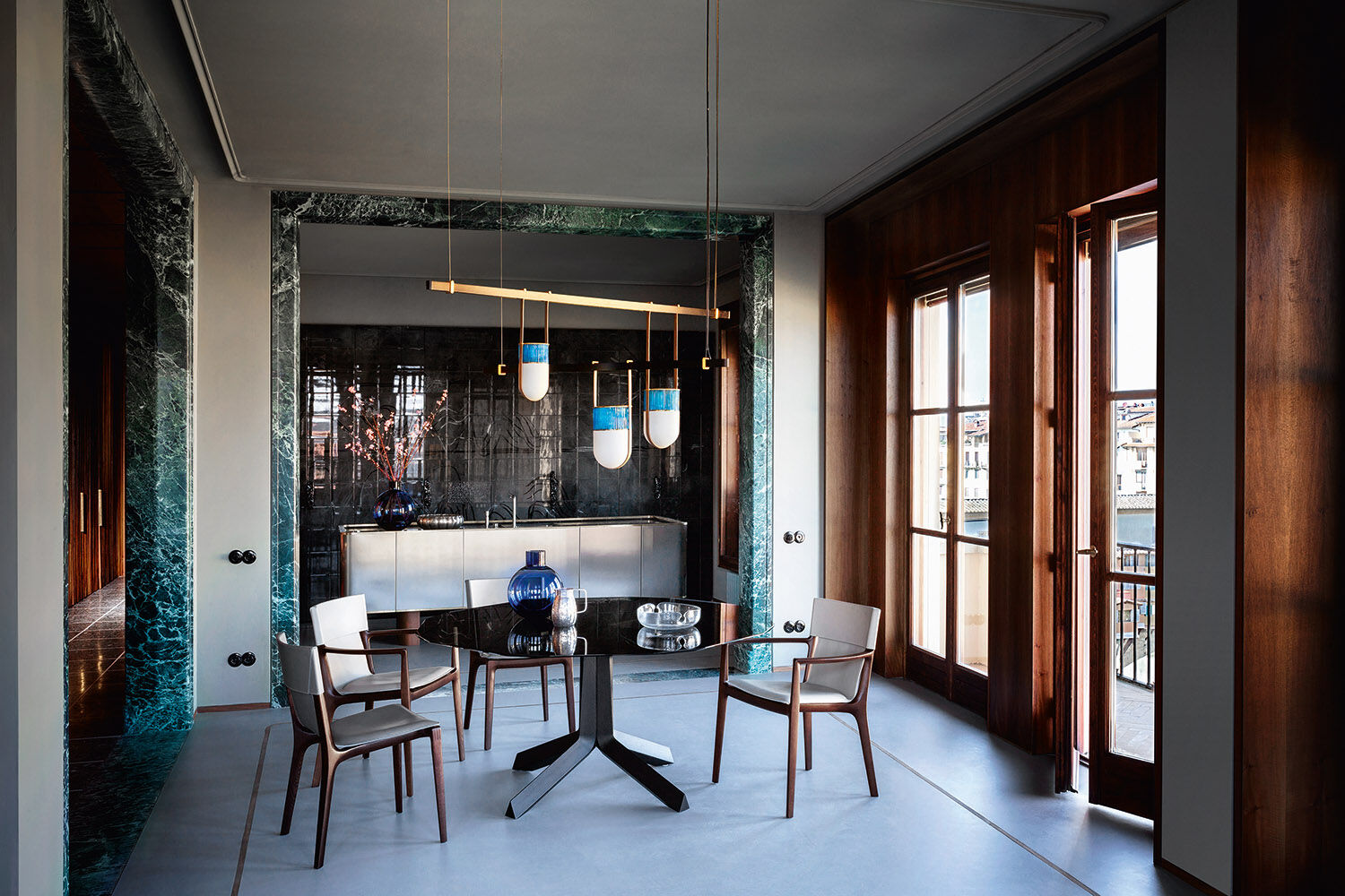 Tan Leather Dining Chair with Dark Wood Frame and Sleek Curved Design