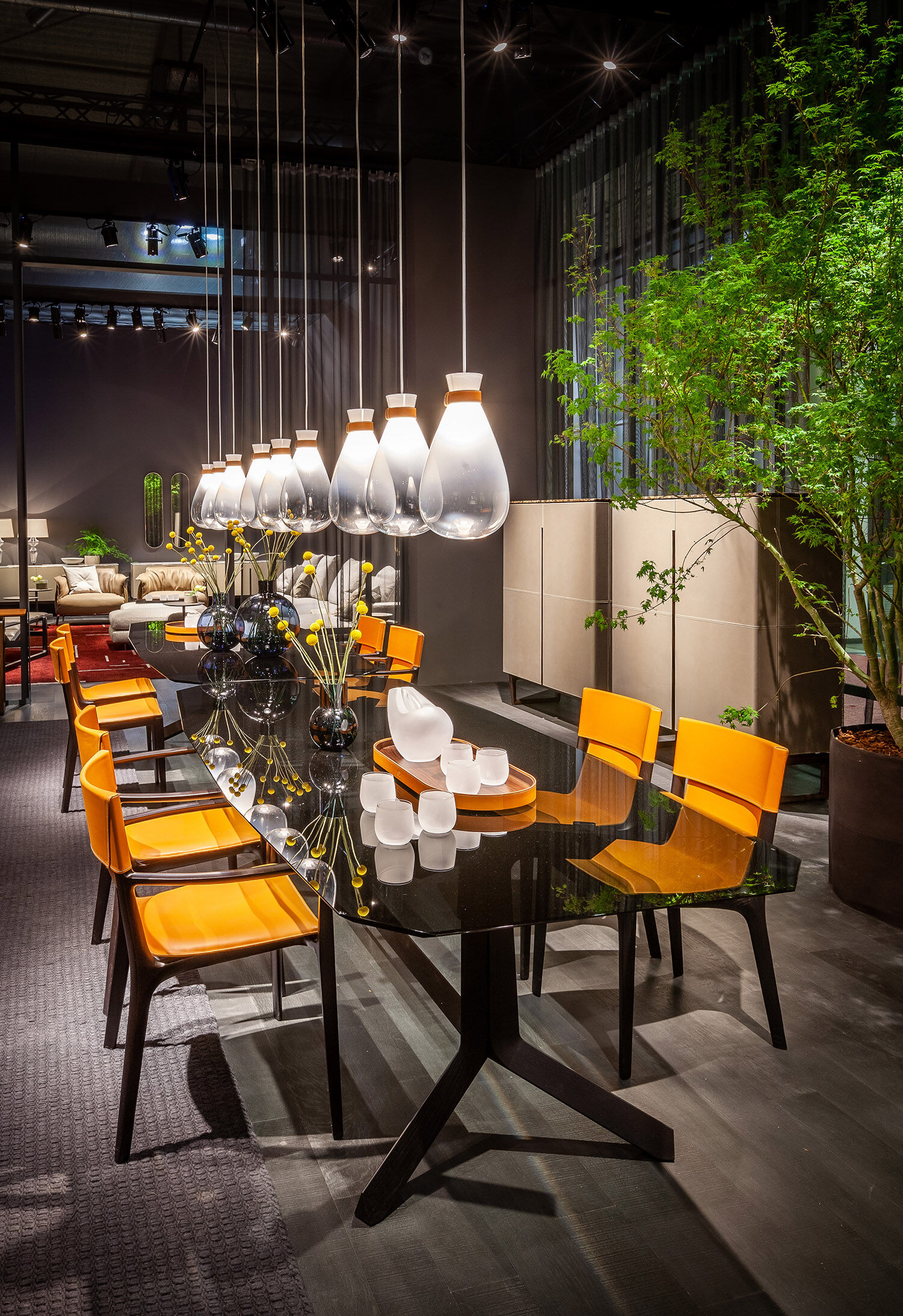 Tan Leather Dining Chair with Dark Wood Frame and Sleek Curved Design