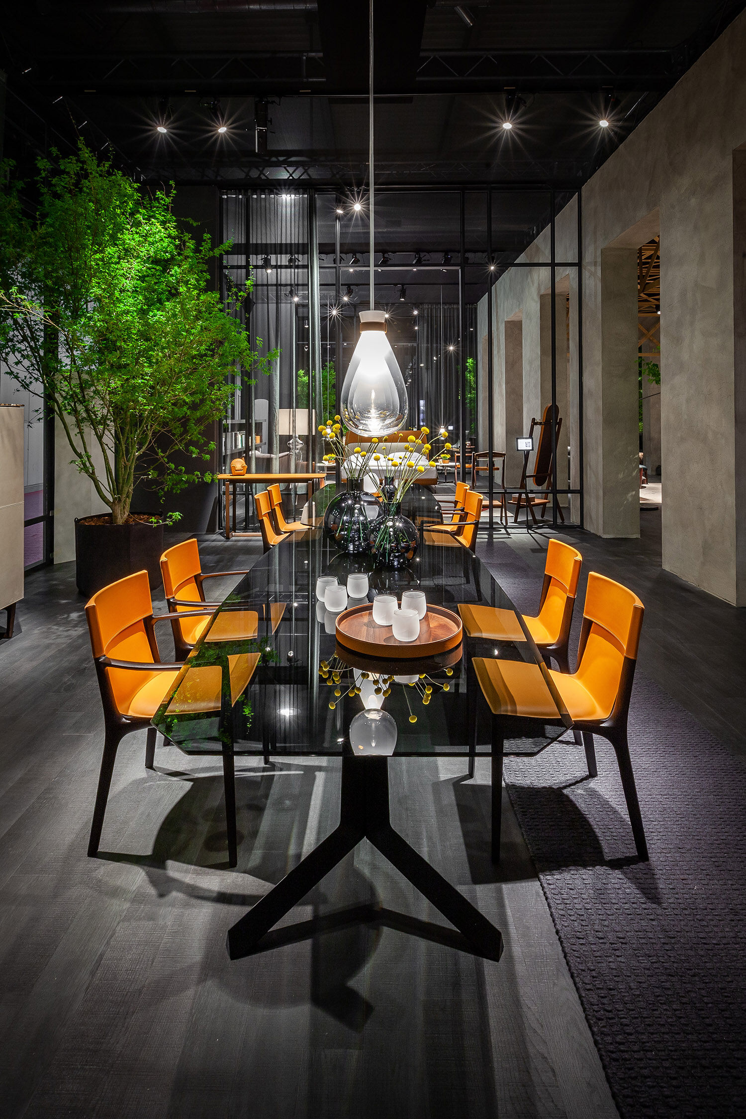 Tan Leather Dining Chair with Dark Wood Frame and Sleek Curved Design