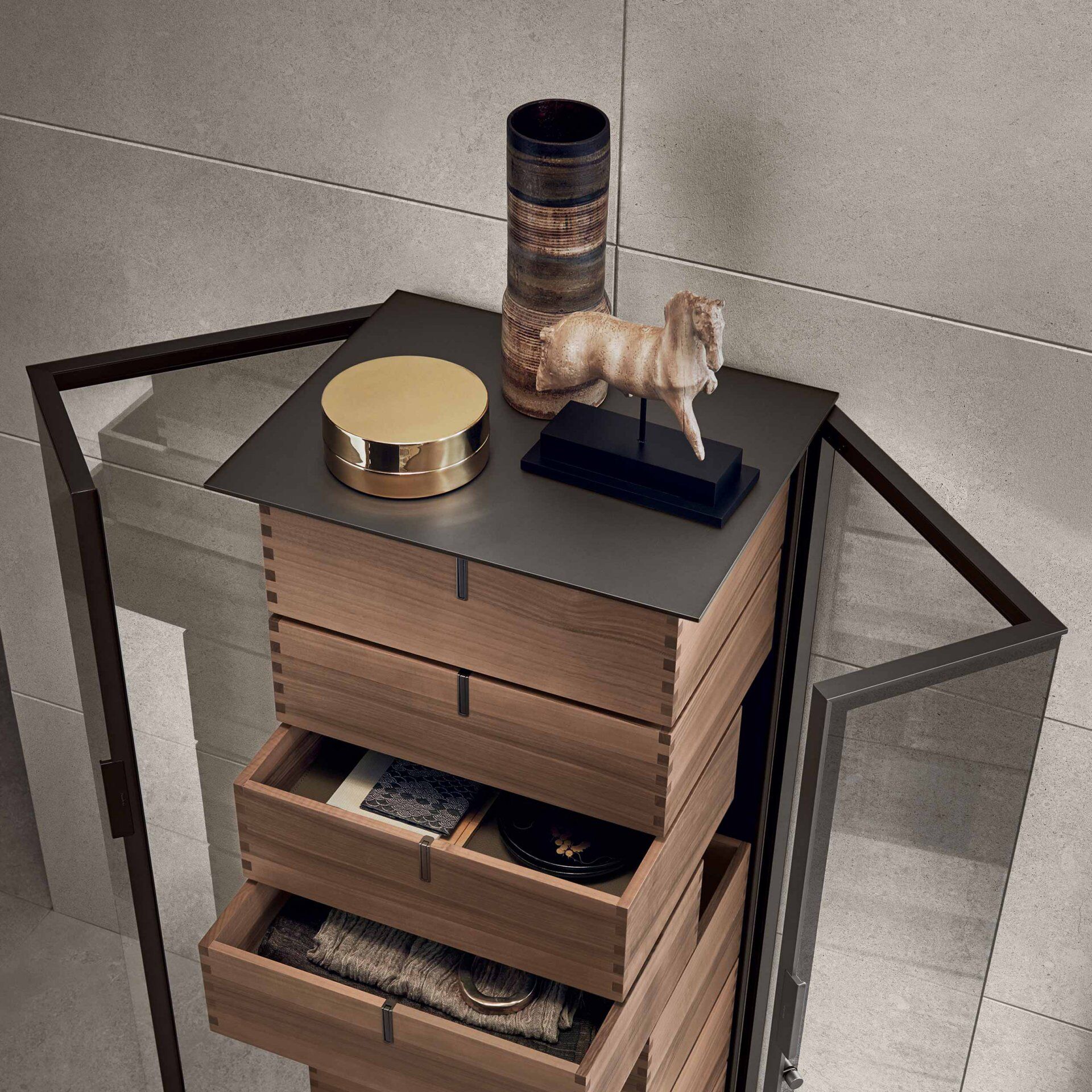 Modern Double-Door Storage Cabinet with Frosted Glass and Multiple Shelves