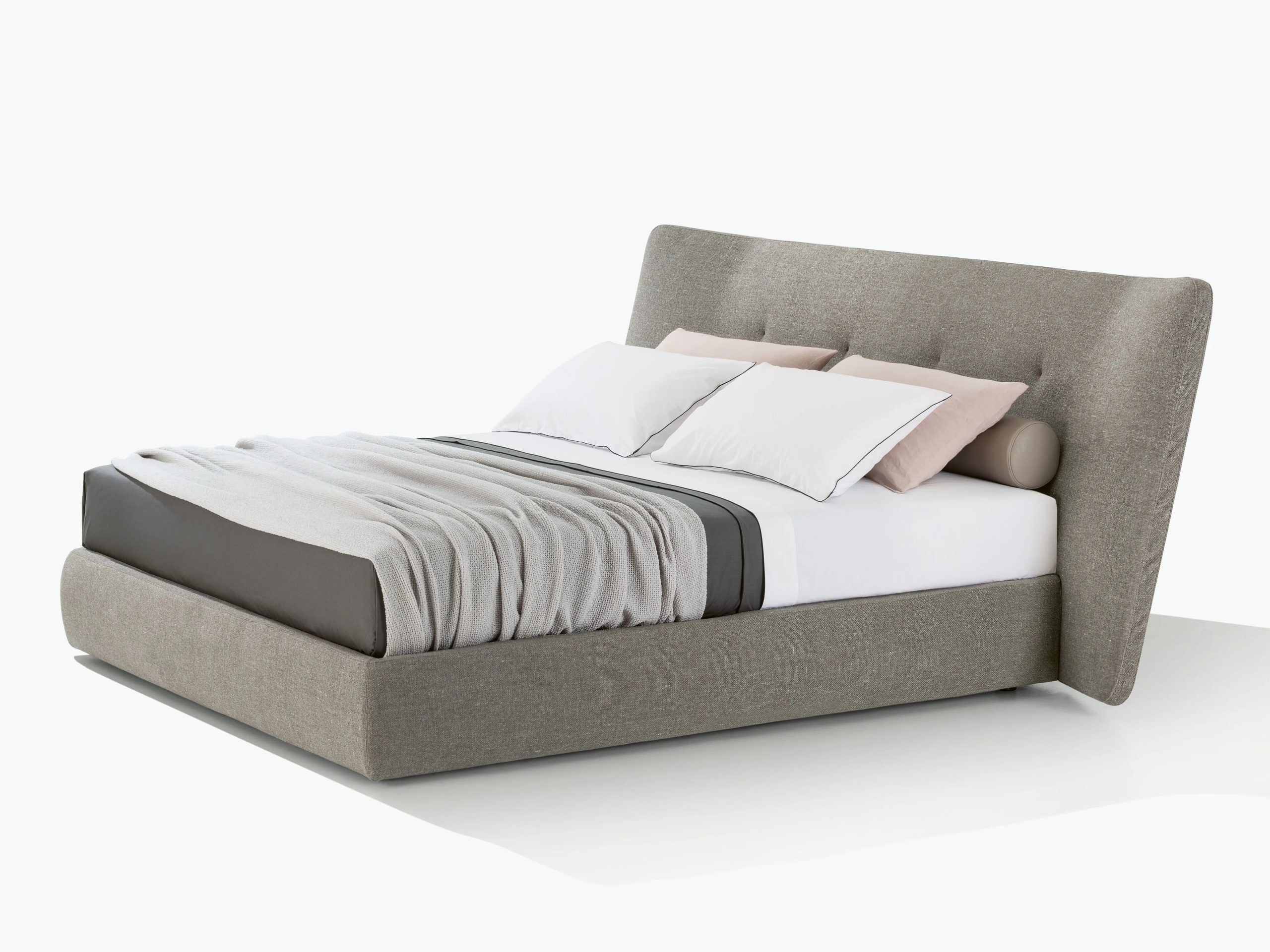 Plush Gray Fabric Bed with Wingback Headboard and Soft Upholstered Design