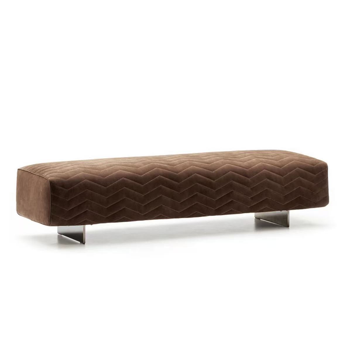 Brown Chevron-Quilted Bench with Velvet Upholstery and Polished Metal Legs