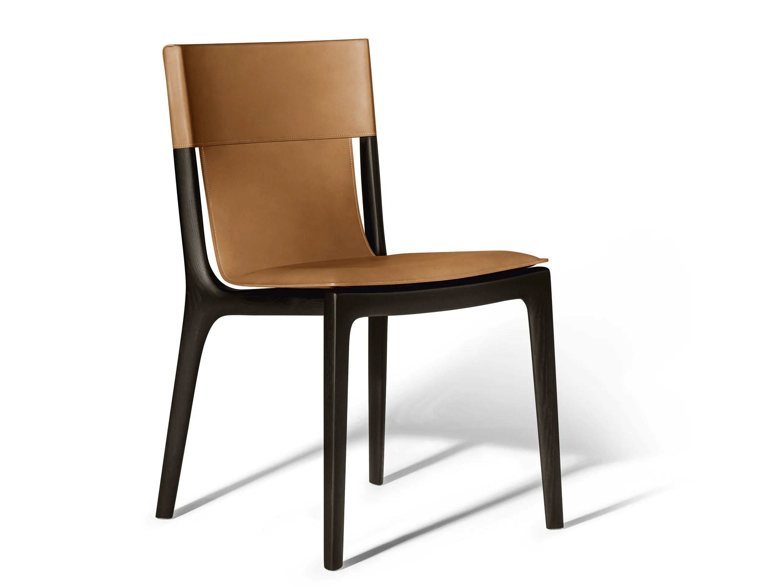 Tan Leather Dining Chair with Dark Wood Frame and Sleek Curved Design