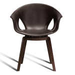 Modern Curved Brown Leather Armchair with Solid Dark Wood Legs Ergonomic Lounge Seat