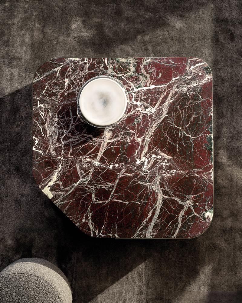 Marble-Top Modern Coffee Table with Polished Metal Base & Open Shelf