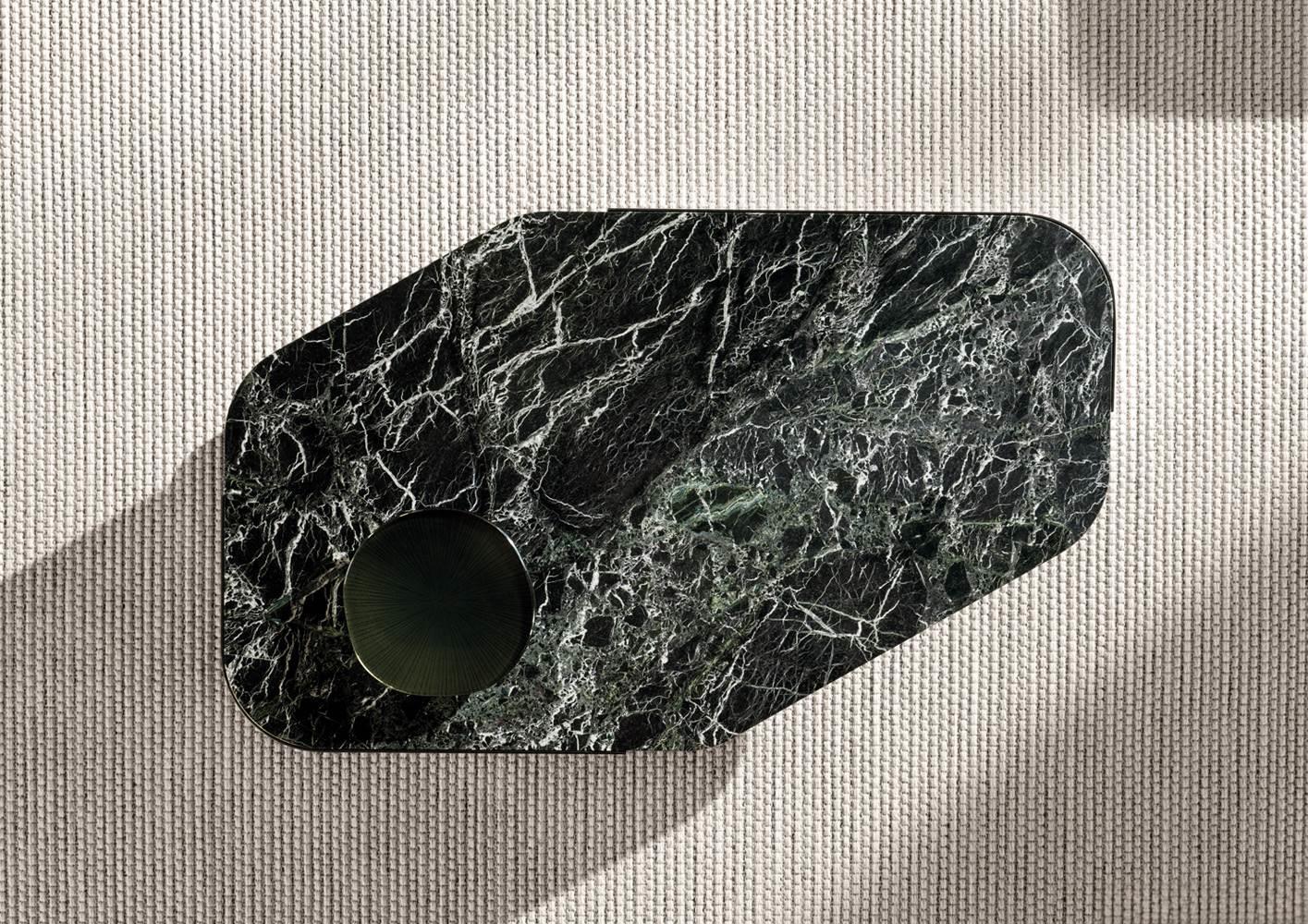 Marble-Top Modern Coffee Table with Polished Metal Base & Open Shelf