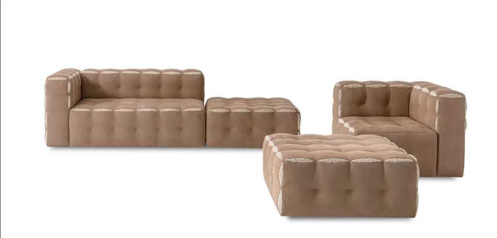 Beige Modular Sectional Sofa Tufted Design Shearling Accent Ottoman Set