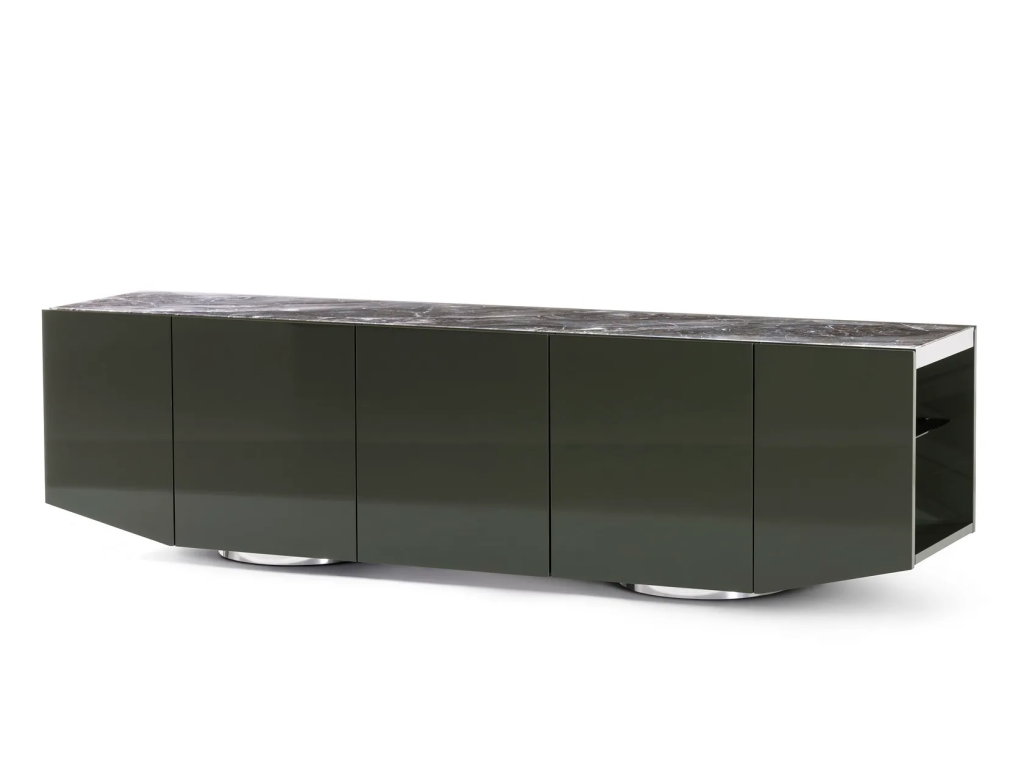 Olive Green Media Console with Marble Top Cabinet Storage and Polished Metal Base
