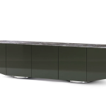Olive Green Media Console with Marble Top Cabinet Storage and Polished Metal Base
